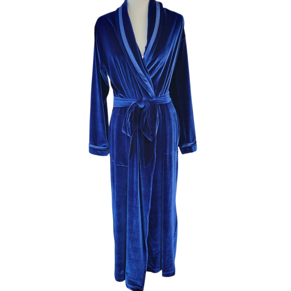 Cuddledown Womens‎ Velvet Robe Sz Small Royal Blue Shawl Collar Wrap Tie Pockets